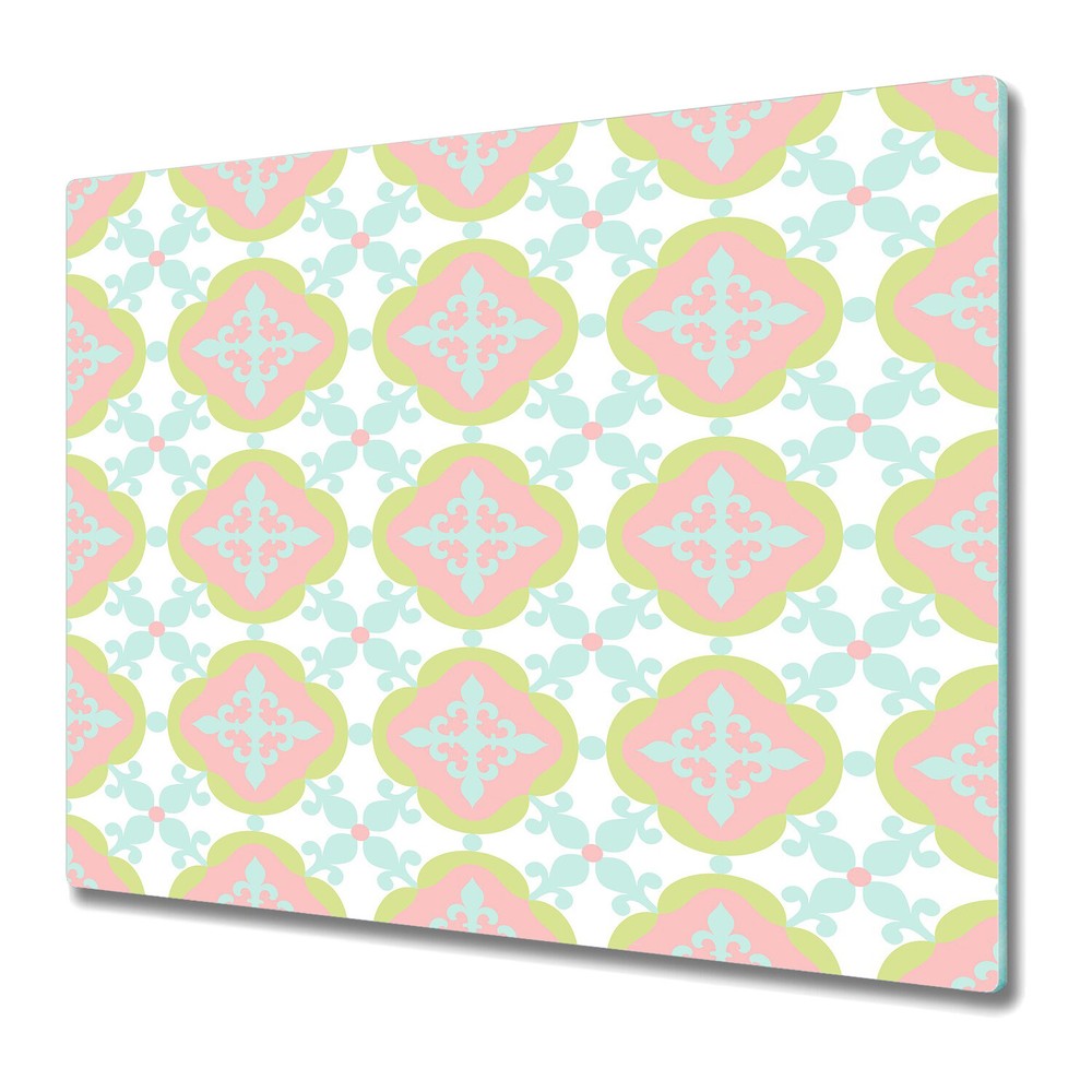 Glass Worktop Kitchen Chopping Board Spanish tile green blue and pink art 60x52
