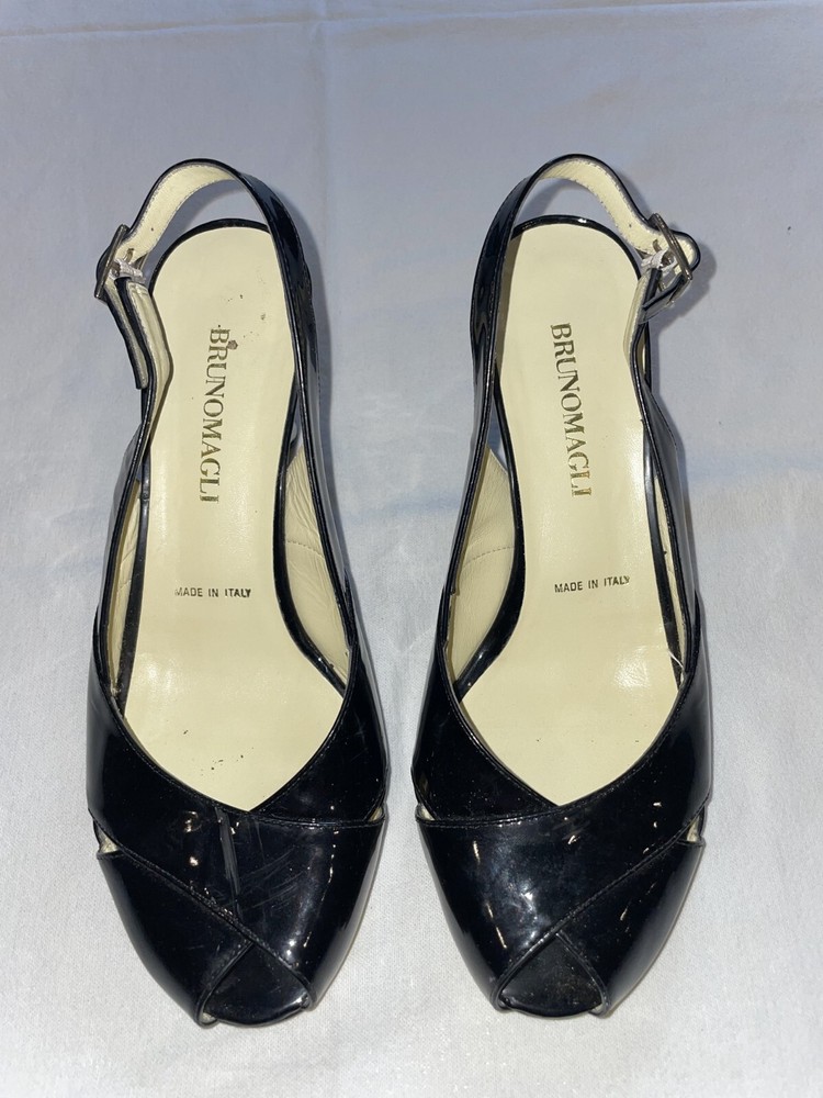 Bruno Magli Black Patent Leather Peep Toe Sling Back Low Wedge Shoes Sz 6
