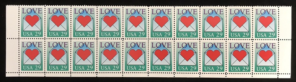 US Stamp Scott #2618, 29c, Love Issue, Heart / Envelope 2x10 Block (20 Stamps)