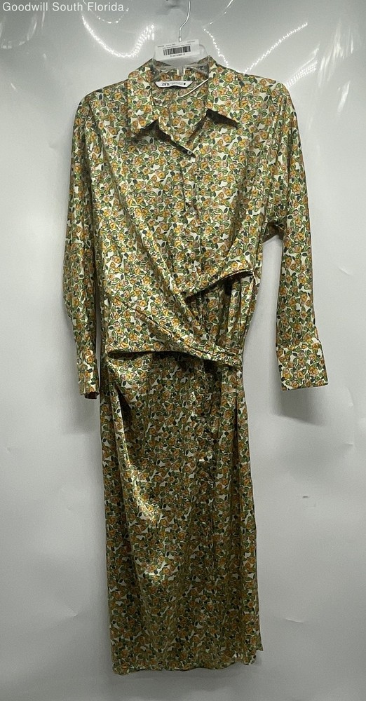 Zara Womens Multicolor Floral Long Sleeve Collared Midi Shirt Dress Size M