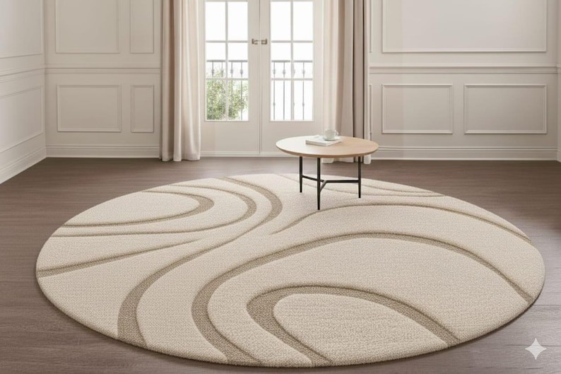Hand-Tufted Round Wool Rug – Modern Beige Wave Design