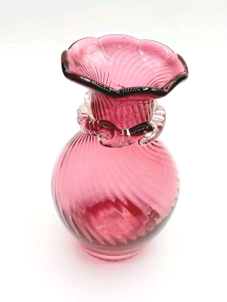Vintage Vase Cranberry Swirl Hand Blown Art Glass