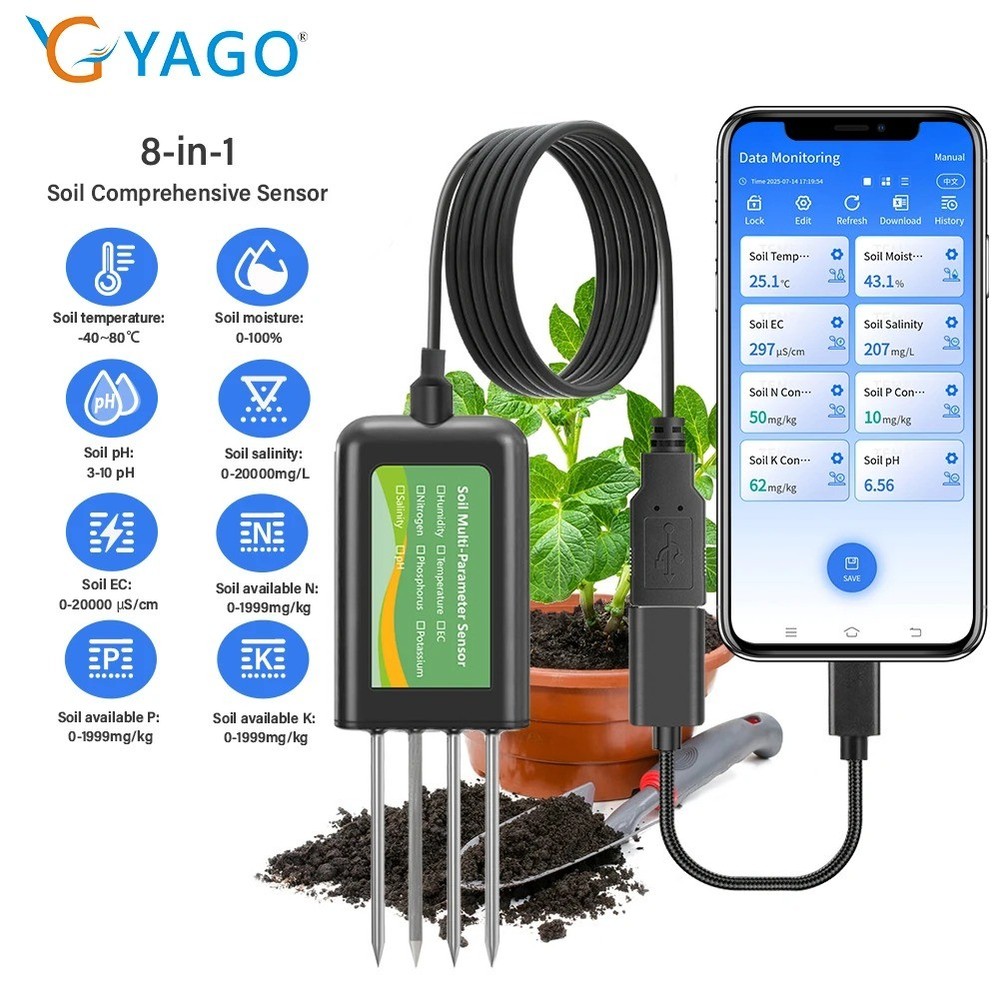 YAGO 8-in-1 Soil Sensor for Agriculture – pH, EC, Moisture, NPK Tester