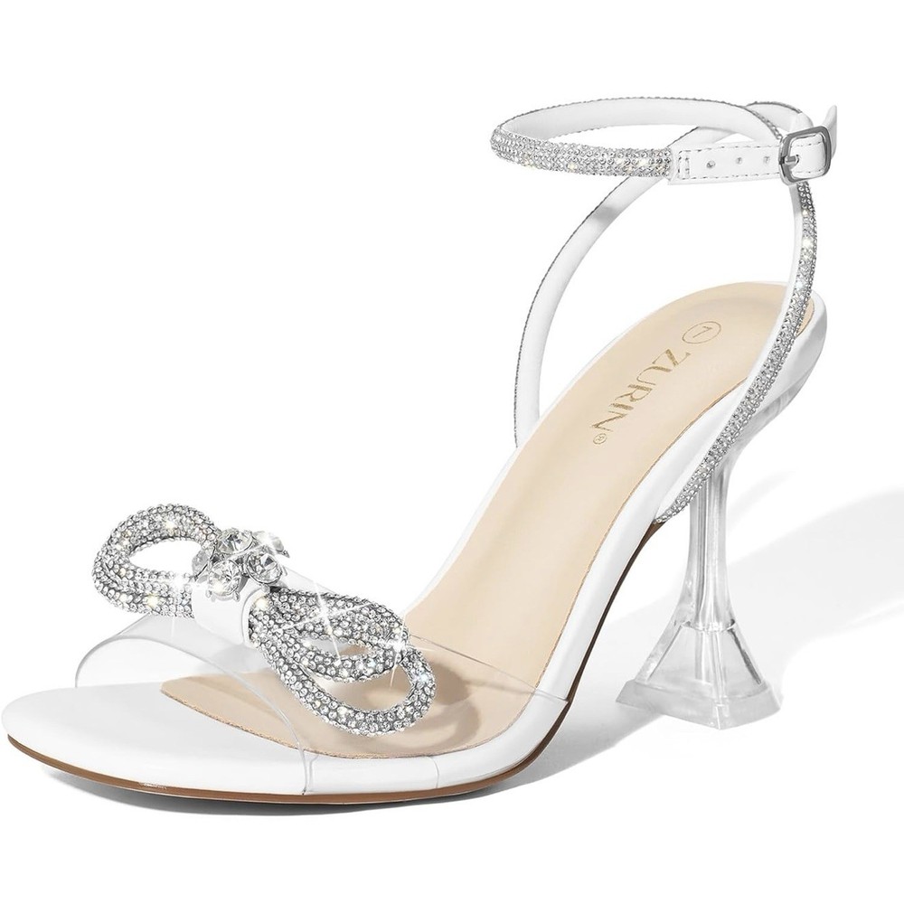 ZURIN Women's Rhinestone Bow Square Toe Clear Heels Size 7.5