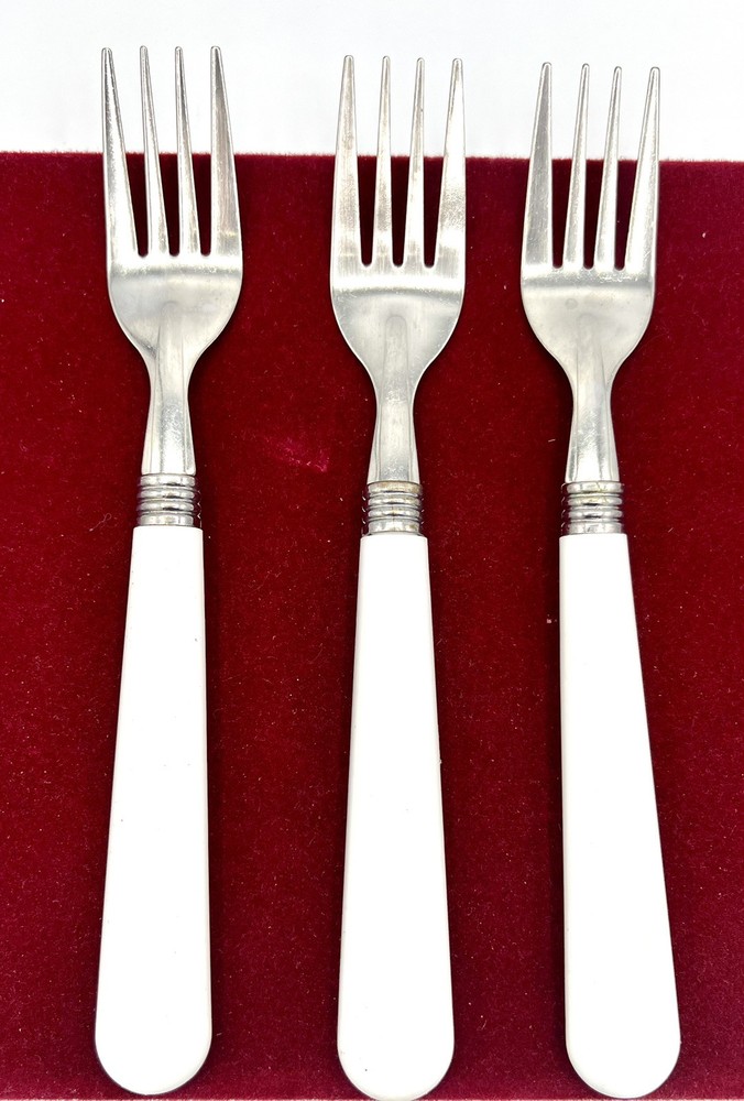 3 Vintage Dinner Forks White Stainless Steel Plastic Handle