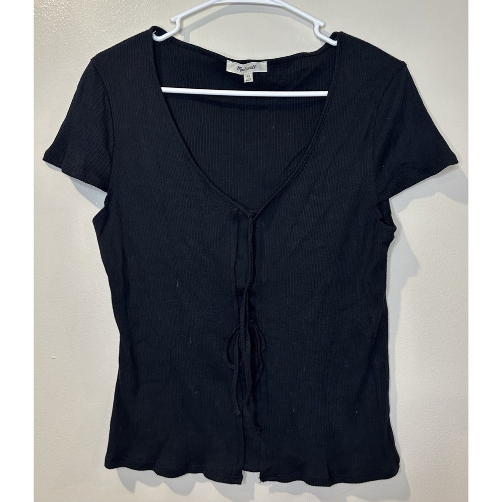 Madewell Womens Black Ribbed Bow-Front Tee Size XS