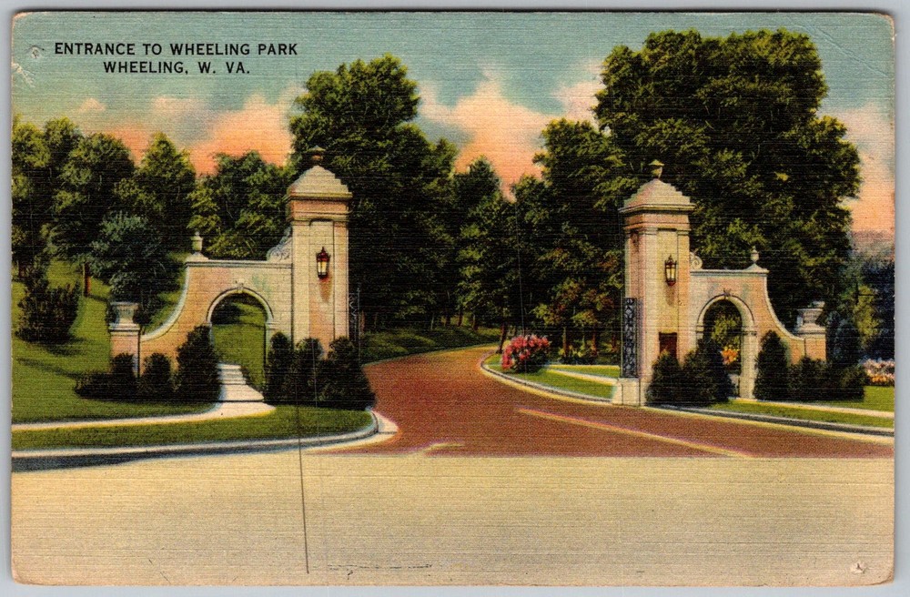 Vtg Linen Postcard Park Entrance Gate Wheeling, WV 1930s