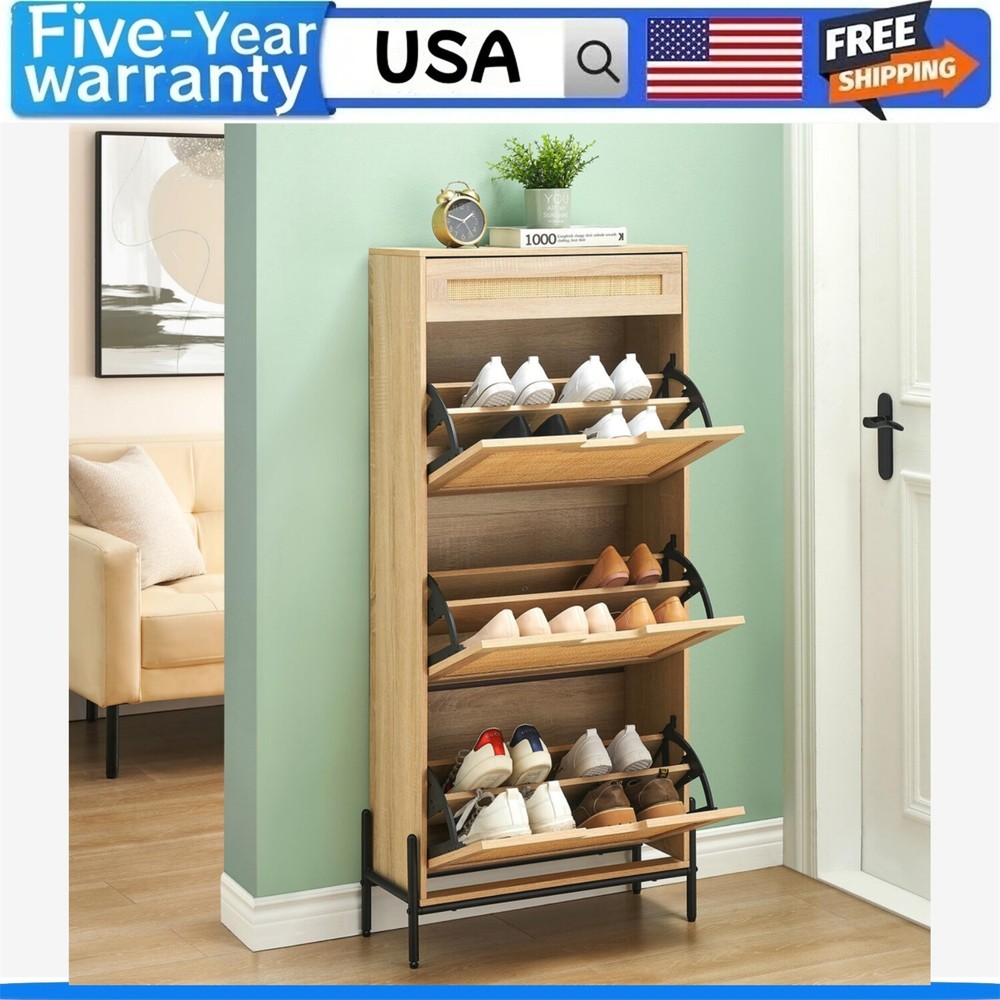 💹Rattan 3 Flip Drawer Shoe Cabinet Shoe Cabinet for Entryway Adjustable Shelves