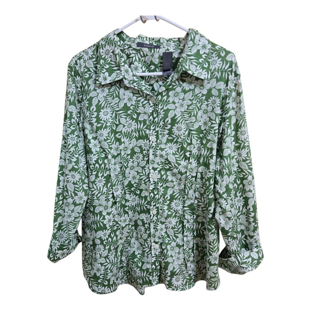 Liz Claiborne Women's Button-Down Shirt Size XL  Green and White. Excellent Cond