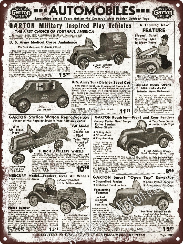 1942 Garton Military Pedal Car Ambulance US Army Tank Metal Sign 9x12