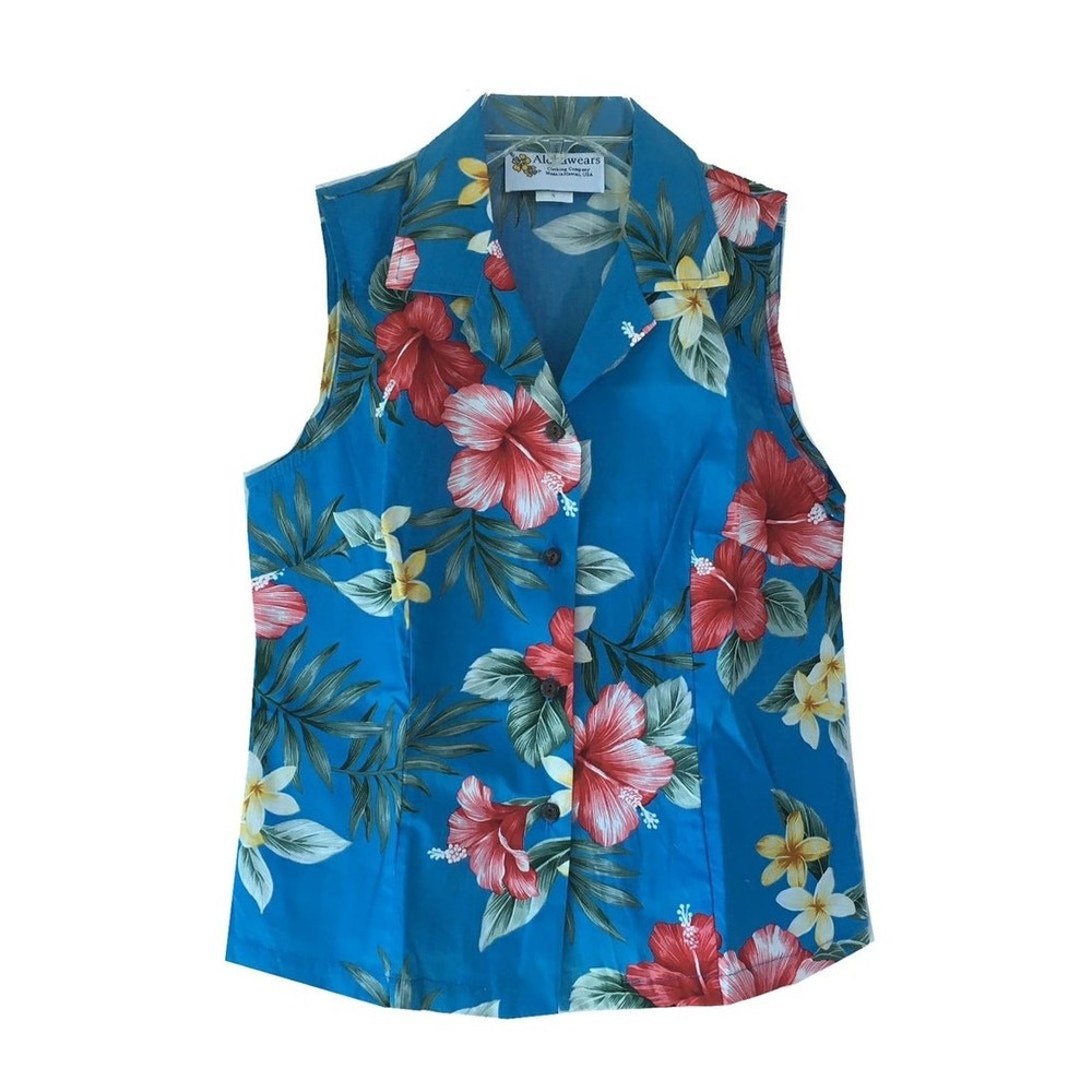 Alohawears Hawaiian Floral Sleeveless Blouse Shirt Women’s 2XL Blue Cotton NWT