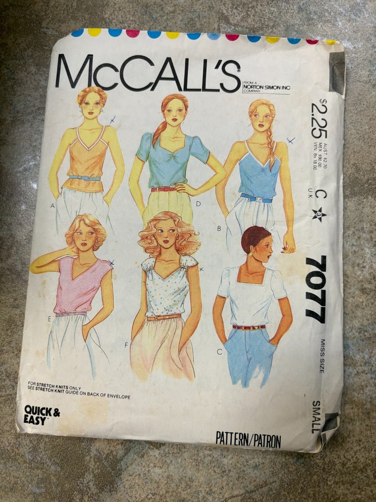 McCalls 7077 pattern, Misses Summer Tanks and Tops 6 views,  Sizes Small UNCUT