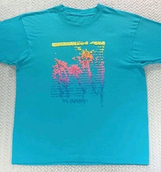 Single Stitch - Light Blue - Vintage T Shirt w/ Palm Tree Peeling Graphics Stain