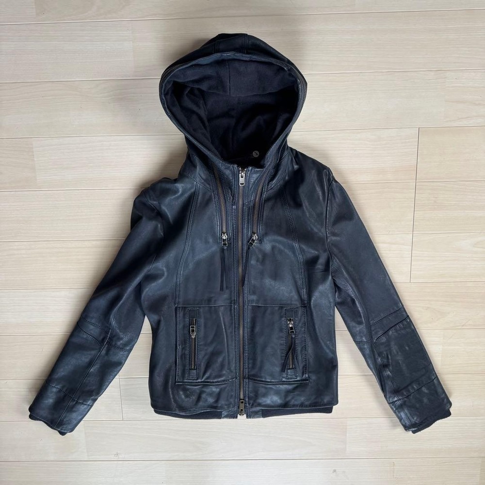 Avirex Hooded Black Leather Jacket
