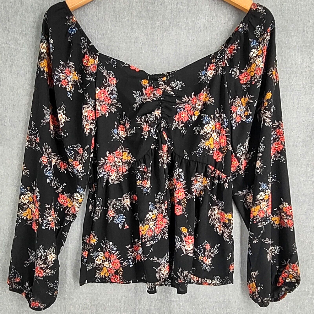 Pleione Anthropologie Boho Top Womens Small Black Floral Balloon Sleeve Peasant
