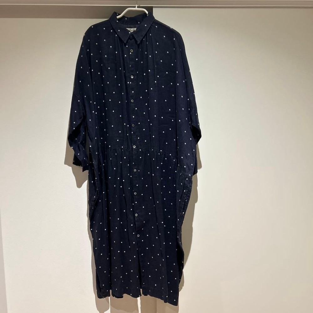 ichiAntiquités Linen Dot Dress Navy Free Size Pre-Owned