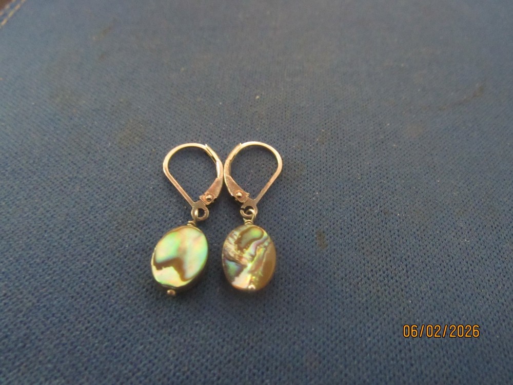 Vintage Sterling Silver Abalone Stone  Pierced Wire Earrings