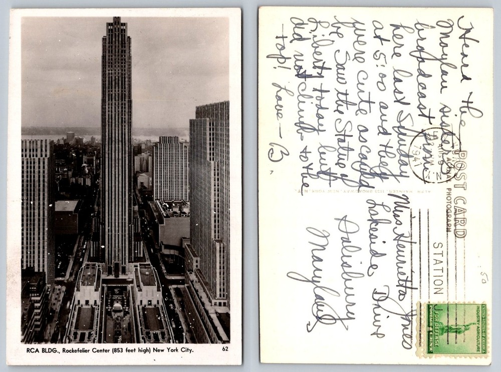 1941 RCA Building Rockefeller Center NYC Real Photo Postcard Posted RPPC