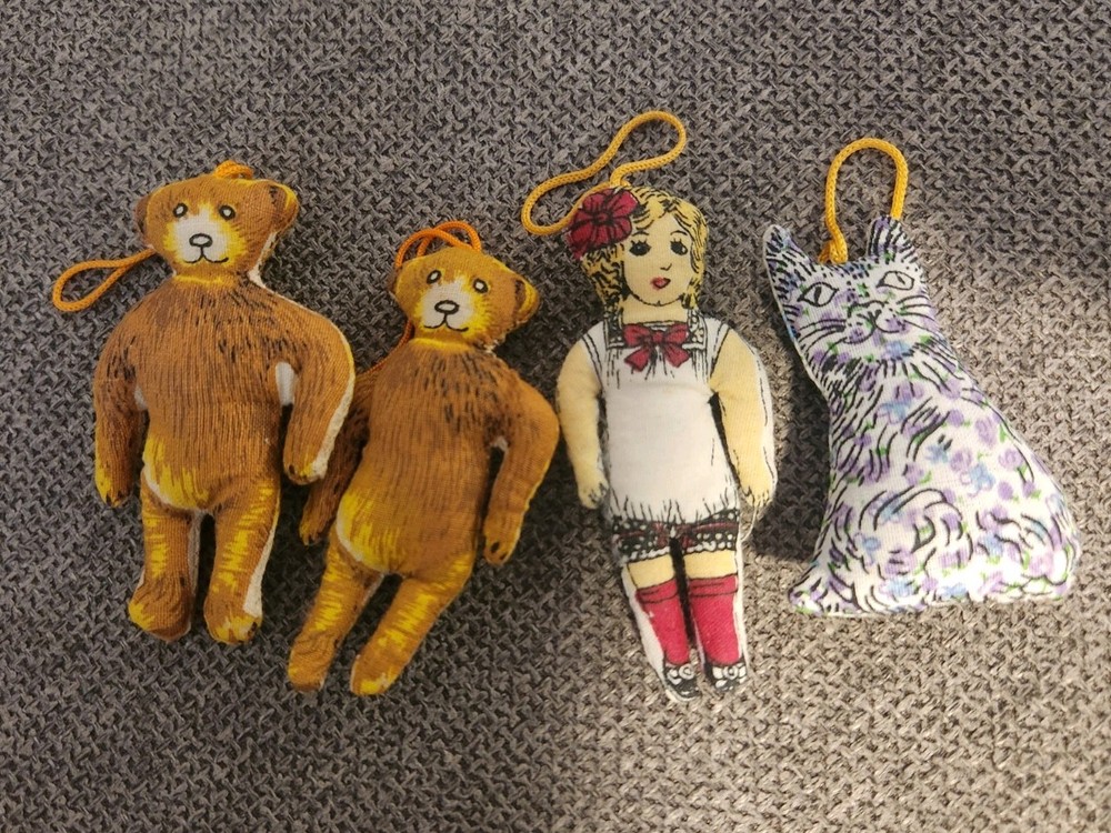 Shackman Co. Lot Fabric Christmas Ornaments Cat Teddy Bear, girl Vintage