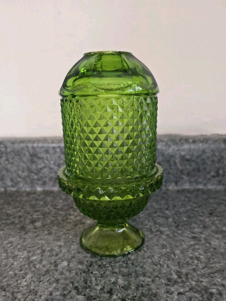 Vintage Viking Glass 1971 Green Diamond Point Glimmer Fairy Lamp Candle MCM