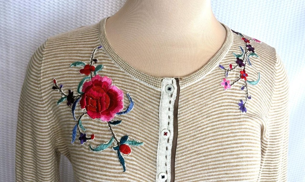 Anthropologie SPARROW Size M Tan Stripe Embroidered Cotton Cardigan Sweater M