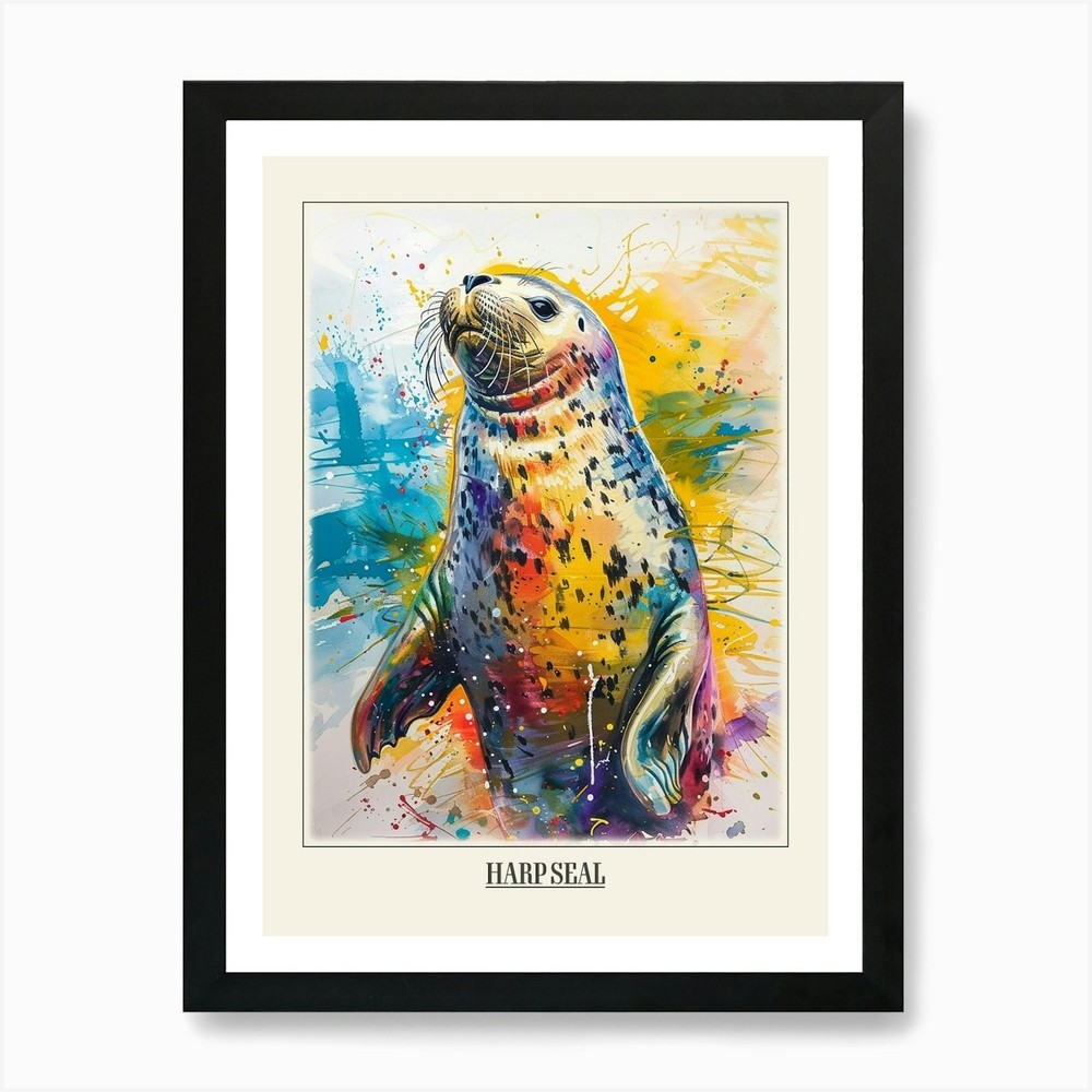 Harp Seal Colorful Watercolor Framed Wall Art Canvas Print Poster