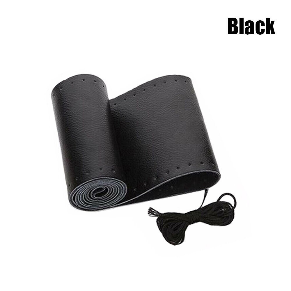 DIY Leather Car Steering Wheel Cover Needle Thread Non-slip Black 15