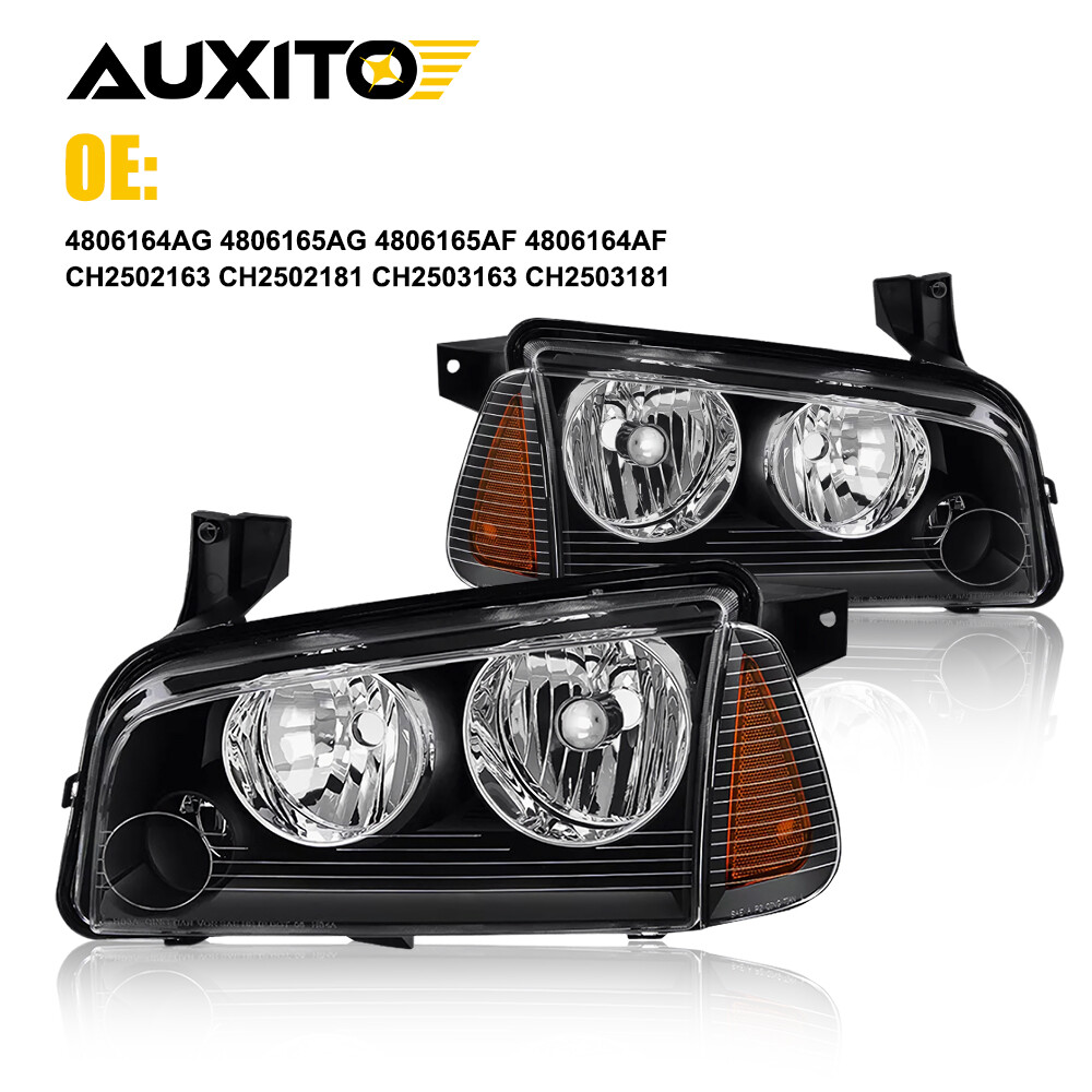 For 2006-10 Dodge Charger Headlights Black Housing Amber Corner Headlamps LH+RH