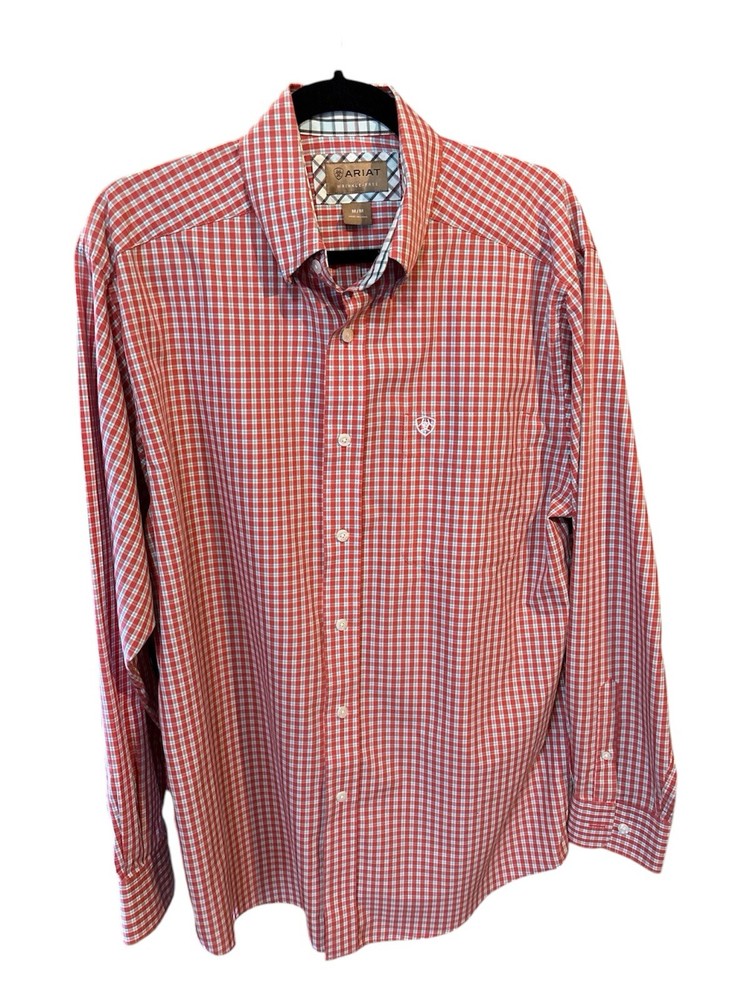 Ariat Mens Med Red Plaid Wrinkle Free Button Down Shirt Long Sleeve Flip Cuff