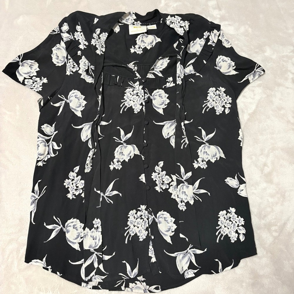 Maeve Anthropologie Adagio Floral Button Front Blouse  Black Tie Neck Ruffle