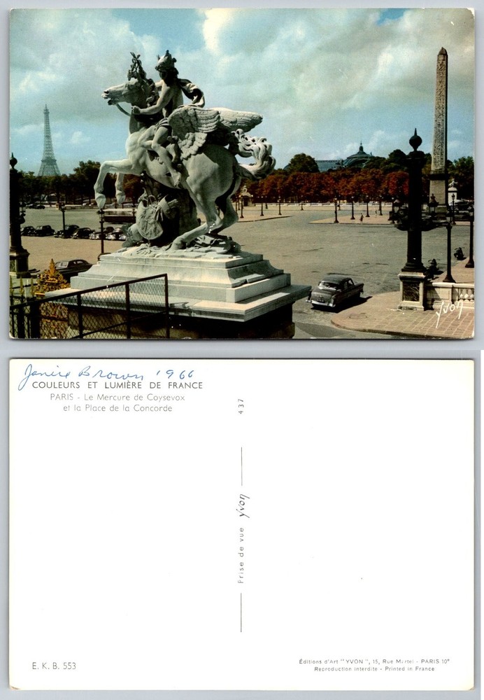 Vintage Paris Postcard Place de la Concorde Mercury Horse Eiffel Tower 1966 Yvon