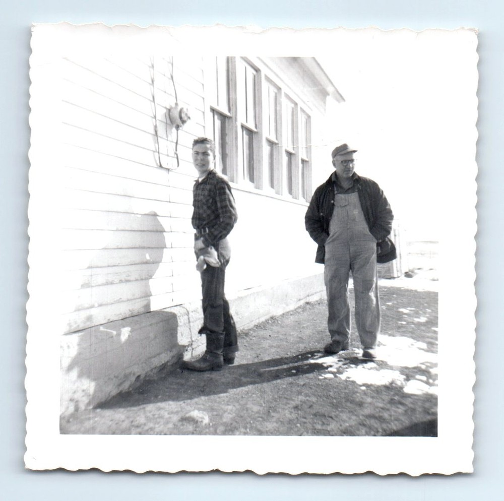 Old Vintage Square Photo PAIR MEN OUTSIDE HOUSE OVERALLS HAT GLASSES PICTURE