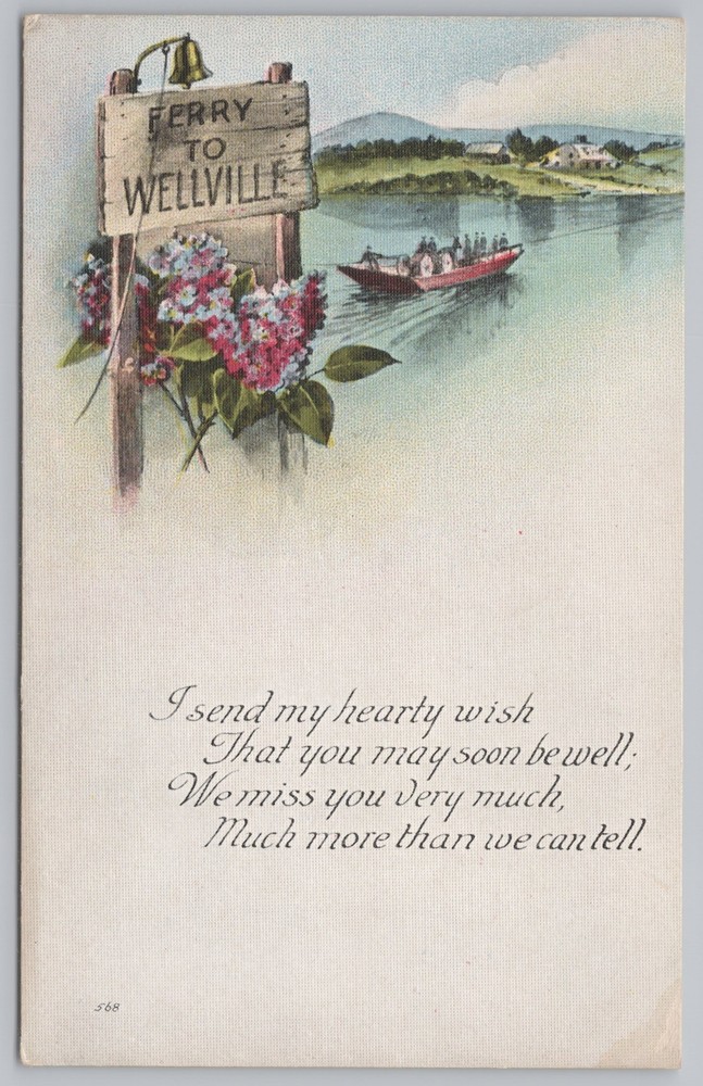 Greetings~Hydrangea & Ferry Boat~Ferry To Wellville & Poem~Vintage Postcard