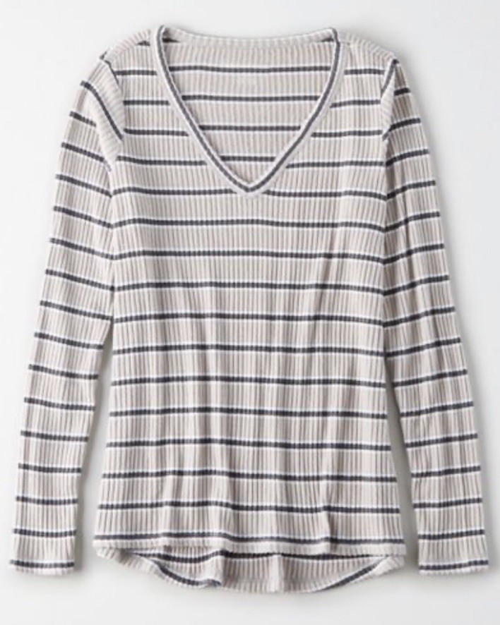New AE Long Sleeve Ribbed V Neck Shirt American Eagle Stripes Large L