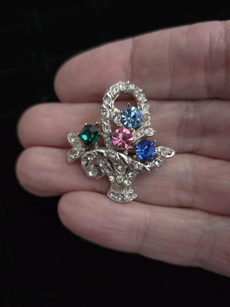 Vintage Flower Basket Brooch Pin Rhinestone Multi-color Silver Tone