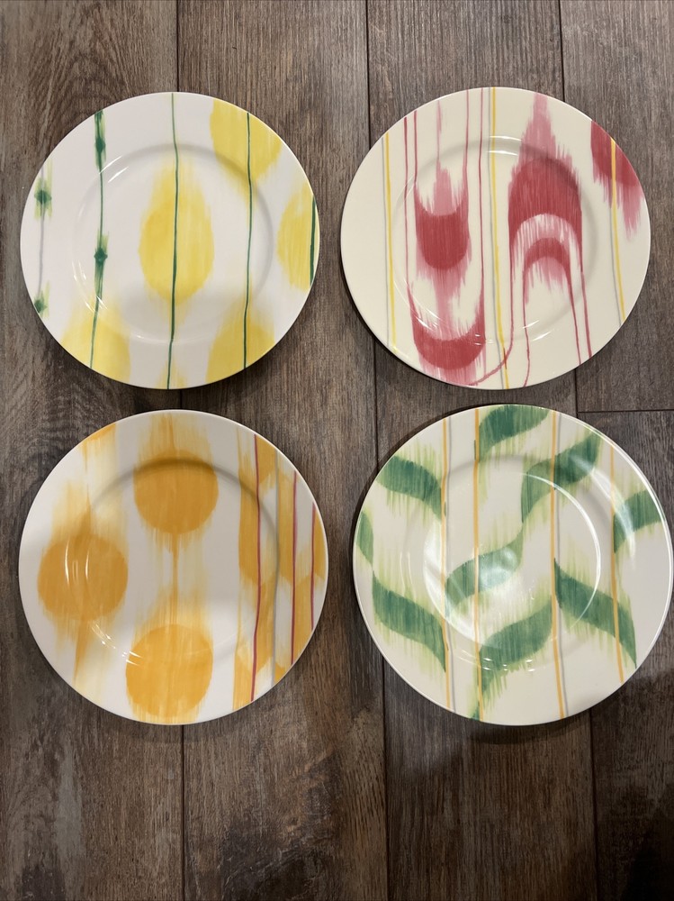 4 Anthropologie Abstract Modern Graphic 8” Salad Plates Green Yellow Orange Pink-image