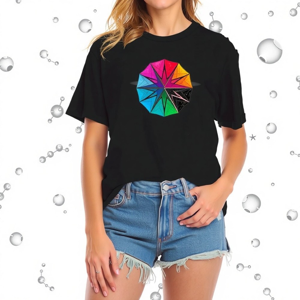 Stylish Black T-Shirt with Colorful Geometric Design for Casual Wear