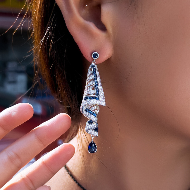 Women Silver Plated Long Dangle Drop Blue Earrings Cubic Zirconia Bridal Jewelry