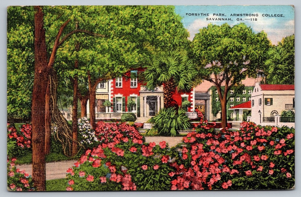 Forsythe Park Armstrong College Savannah GA Vintage Linen Postcard