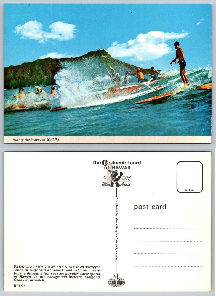 Waikiki Hawaii Surfing Outrigger Canoe Diamond Head Vintage Postcard