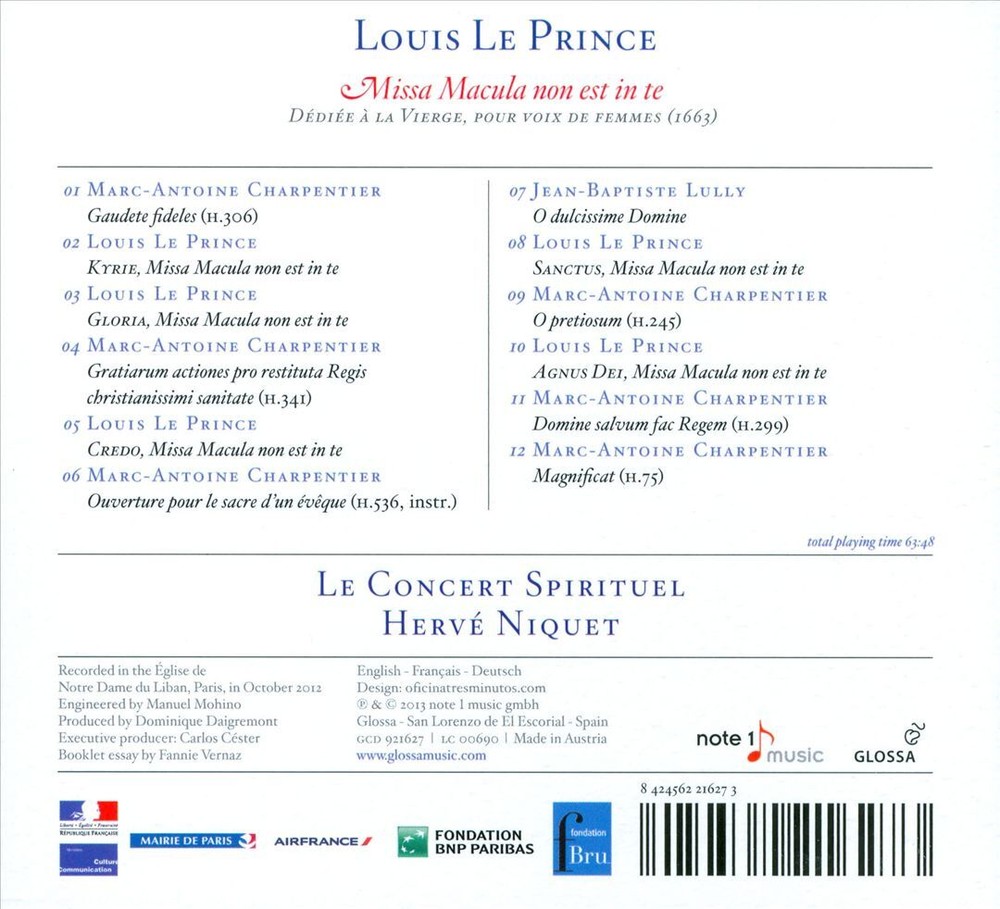HERVÉ NIQUET / LE CONCERT SPIRITUEL ORCHESTRA LOUIS LE PRINCE: MISSA MACULA NON