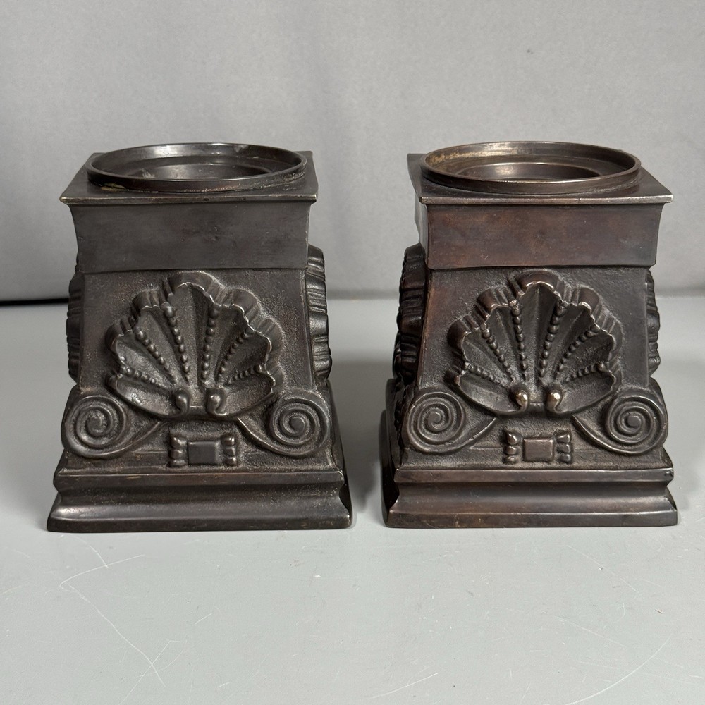 Antique Cast Bronze Pedestal Candle Holders Pair Neoclassical Shell Scroll