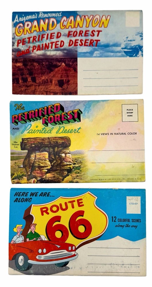 Lot of 3 Vintage Expandable Postcards Route 66 Petrified Forest Arizona Ephemera