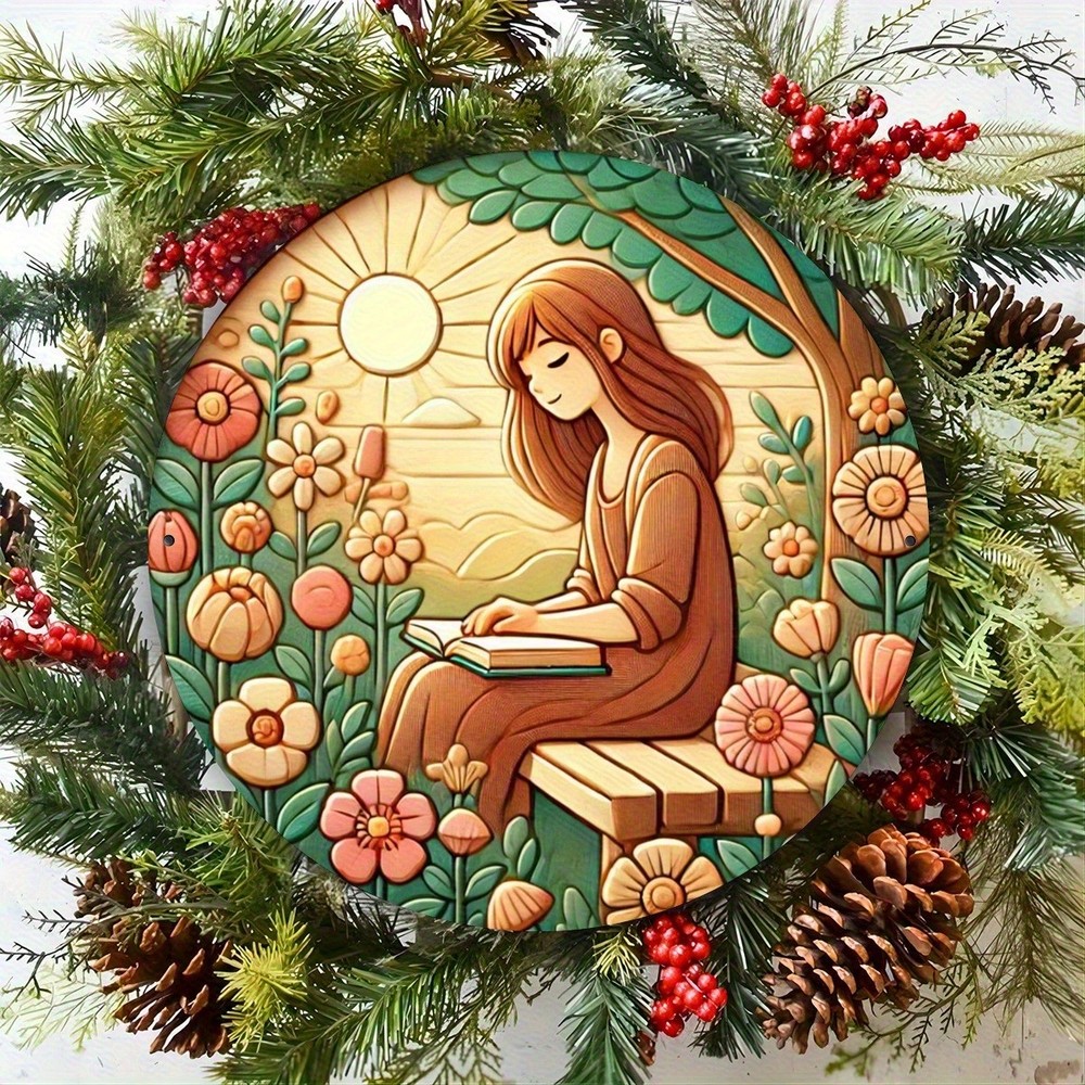Garden Flower Sunlight Reading Girl Round Aluminum Art 787Inch
