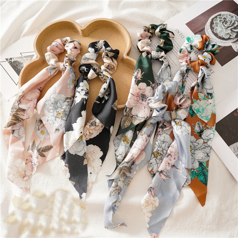 Girl Vintage Floral Ponytail Scarf Bow Hair Rope Scrunchies Ribbon Hairtie Band