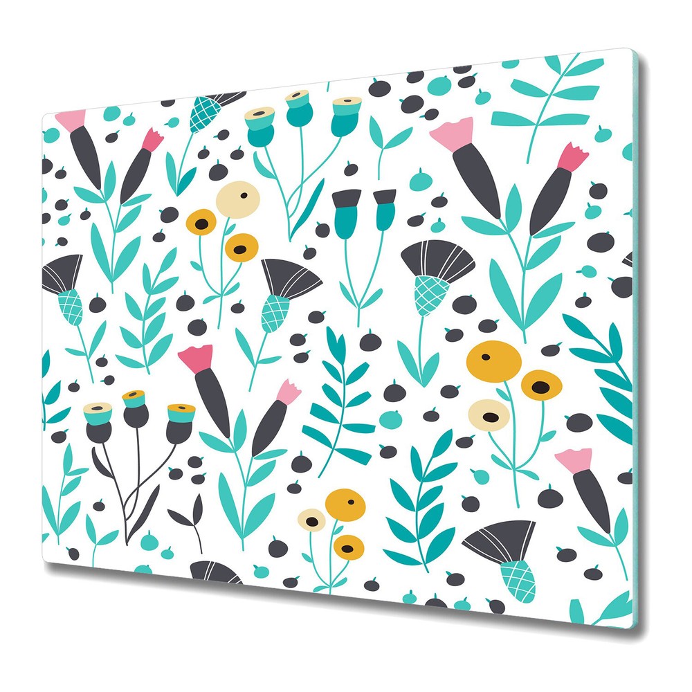 Tempered Glass Kitchen Chopping Board Scandinavian floral blue and grey 60x52