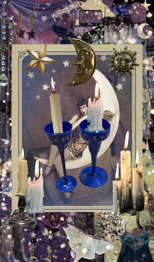 Vintage Celestial Whimsygoth Hand Painted Cobalt Blue &Gold Stars Candle Holders