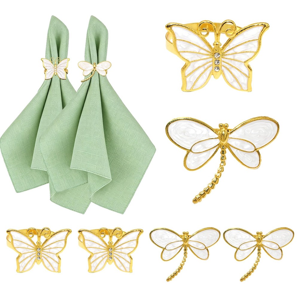 Dragonfly Butterfly Napkin Rings Set of 6 Gold Insect Napkin Holder for Sprin...