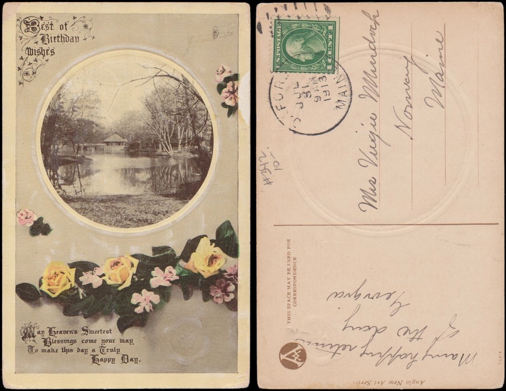 birthday greetings, roses with bridge and gazebo by lake inset, embossed
