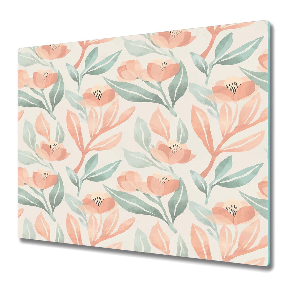 Tempered Glass Chopping Board Peach Green Flowers Light Floral Illustration
